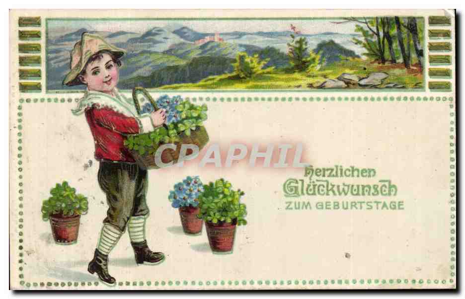 Enfant avec panier de fleurs — paysage de montagne — carte de vœux d'anniversaire
