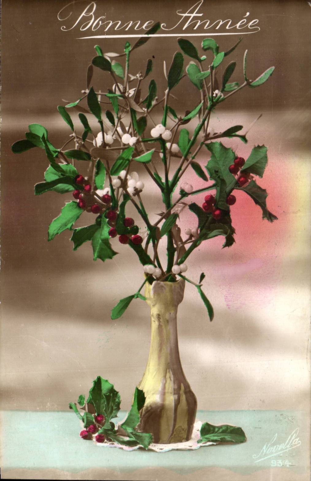 Fetes - Voeux - Bonne Annee - houx - holly - CPA 