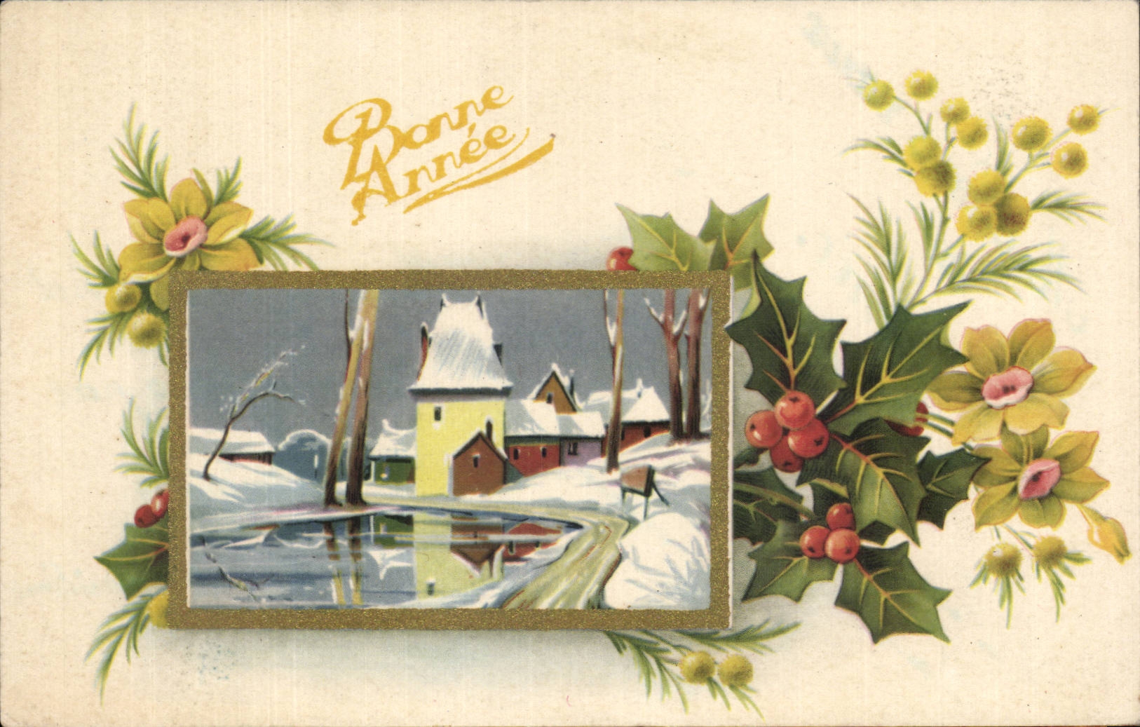 Fetes - Voeux - Bonne Annee - houx - holly - CPA 