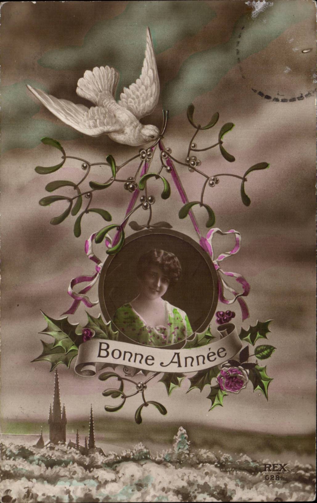 Fetes - Voeux - Bonne Annee - houx - holly - femme - oiseau - woman - bird - CPA 