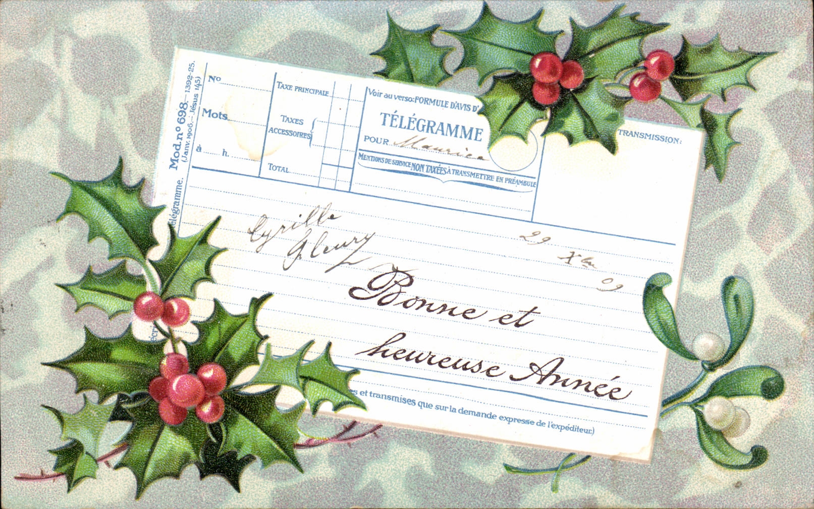 Fetes - Voeux - Bonne Annee - Telegramme Telegram - houx - holly - CPA 