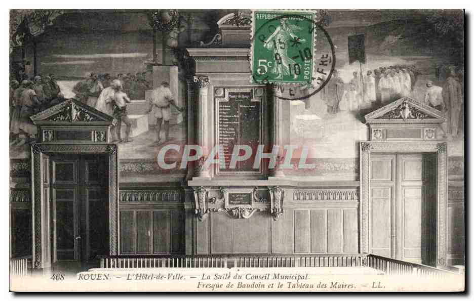 Rouen - Hotel de Ville La salle du conseil municipal Fresque de Baudouin et le tableau des Maires - CPA 