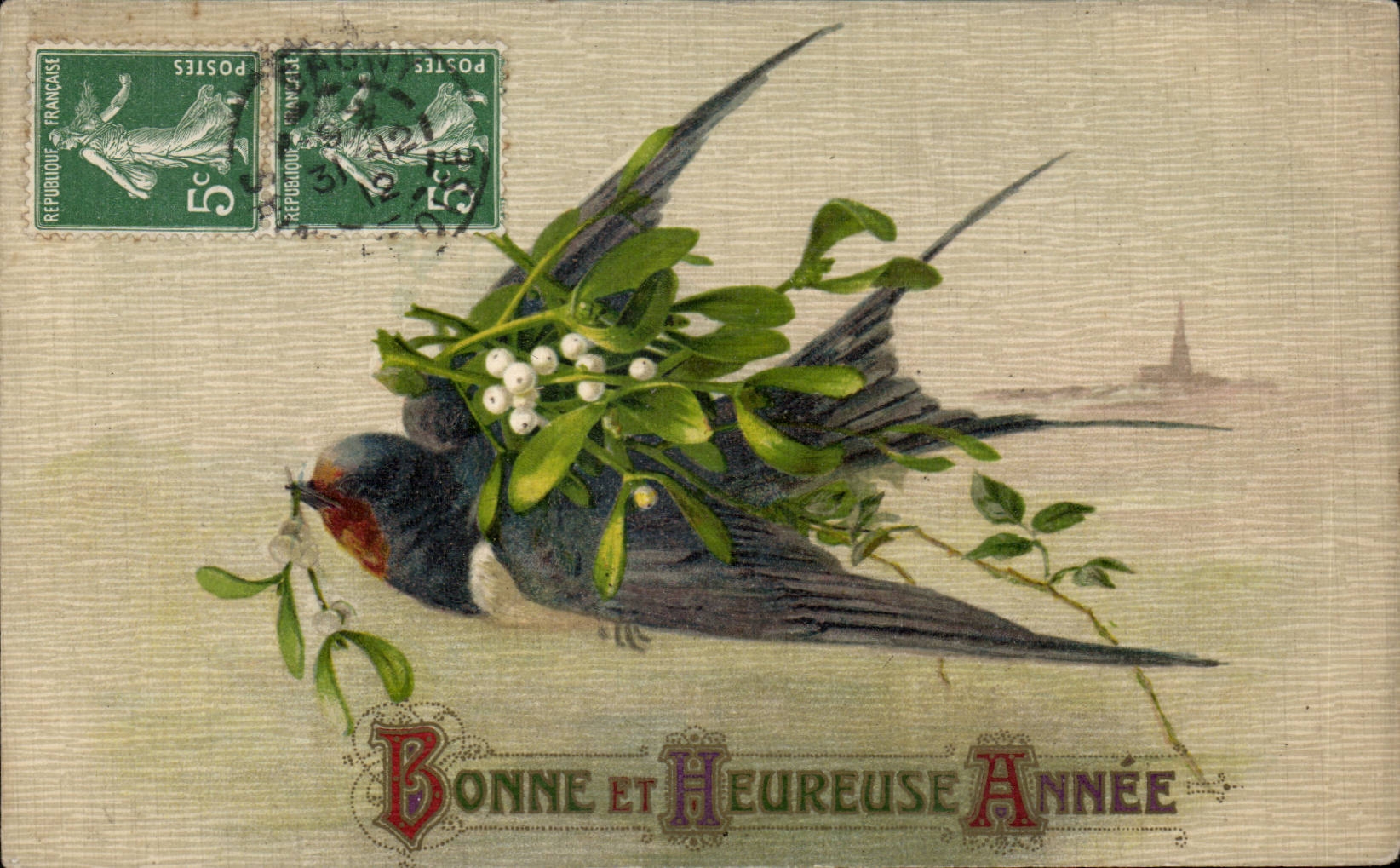 Oiseau portant du gui — Bonne et Heureuse Année — éditeur non visible