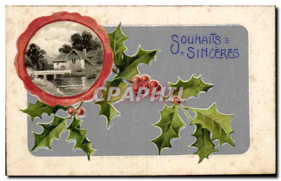 Paysage rural avec houx — Souhaits sincères — éditeur non visible