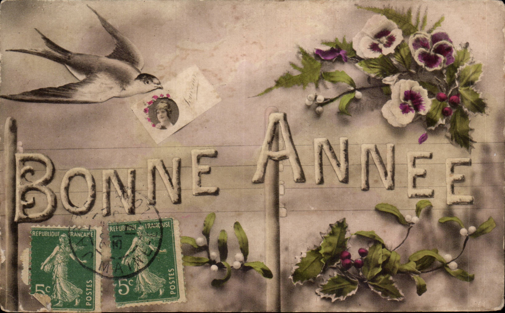 Fetes - Voeux - Bonne Annee - houx - holly - oiseau - bird - pensee - pansy - CPA 