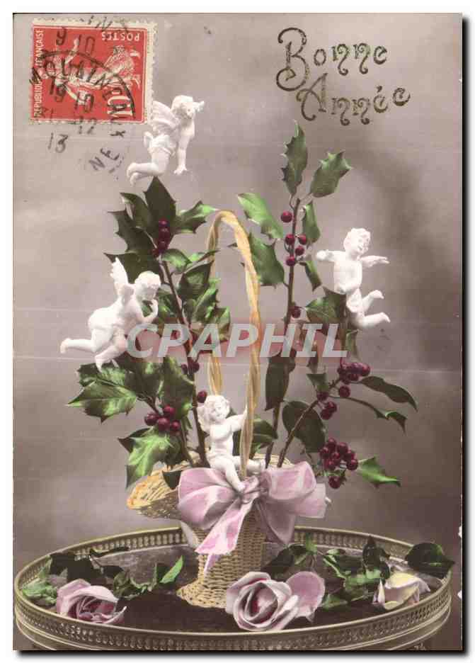 Fetes - Voeux - Bonne Annee - houx - holly - ange - angel - CPA Santons 
