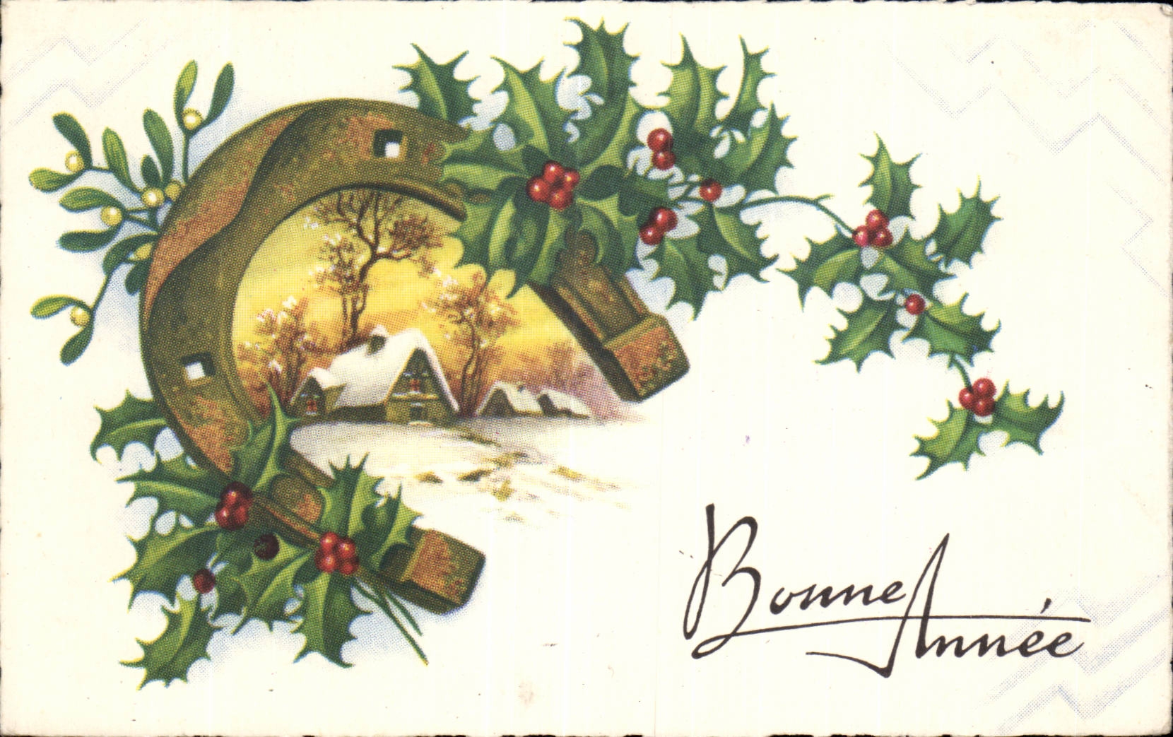 Fetes - Voeux - Bonne Annee - houx - holly Fer a cheval - CPA 
