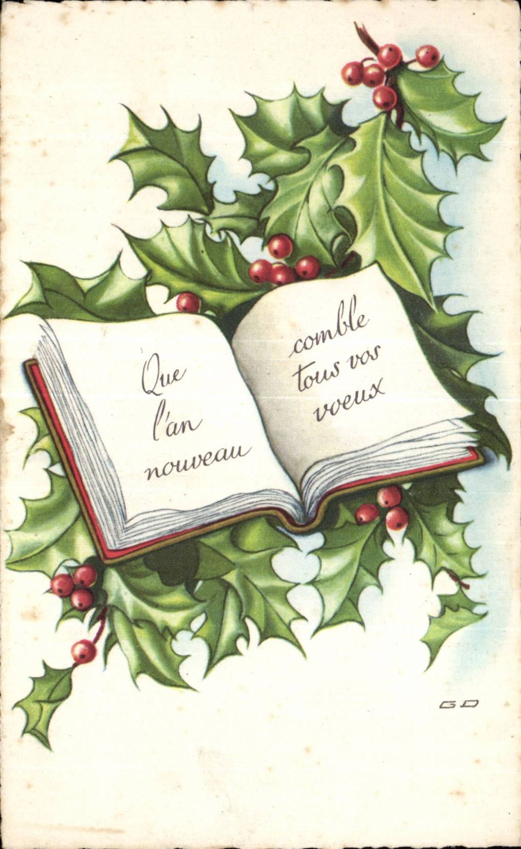 Fetes - Voeux - houx - holly - livre - book - CPA 