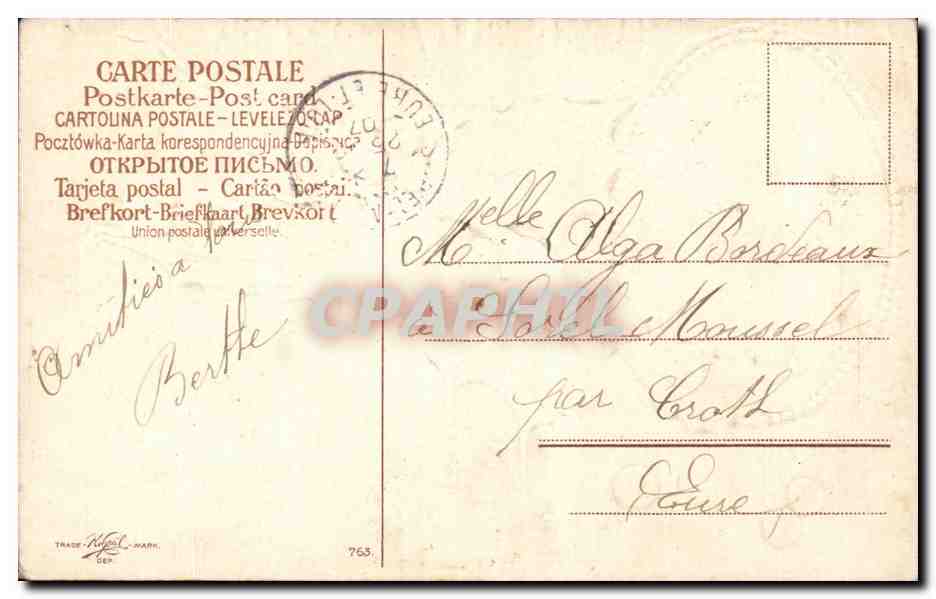 Weihnachten — Efeu-Dekoration und Winterlandschaft — Verlag TRADE-MARK, Nr. 763 — Rückseite