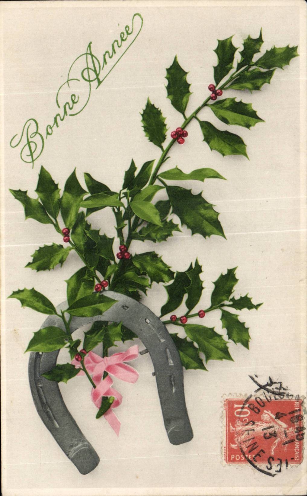 Fetes - Voeux - Bonne Annee - houx - holly Fer a cheval - CPA 