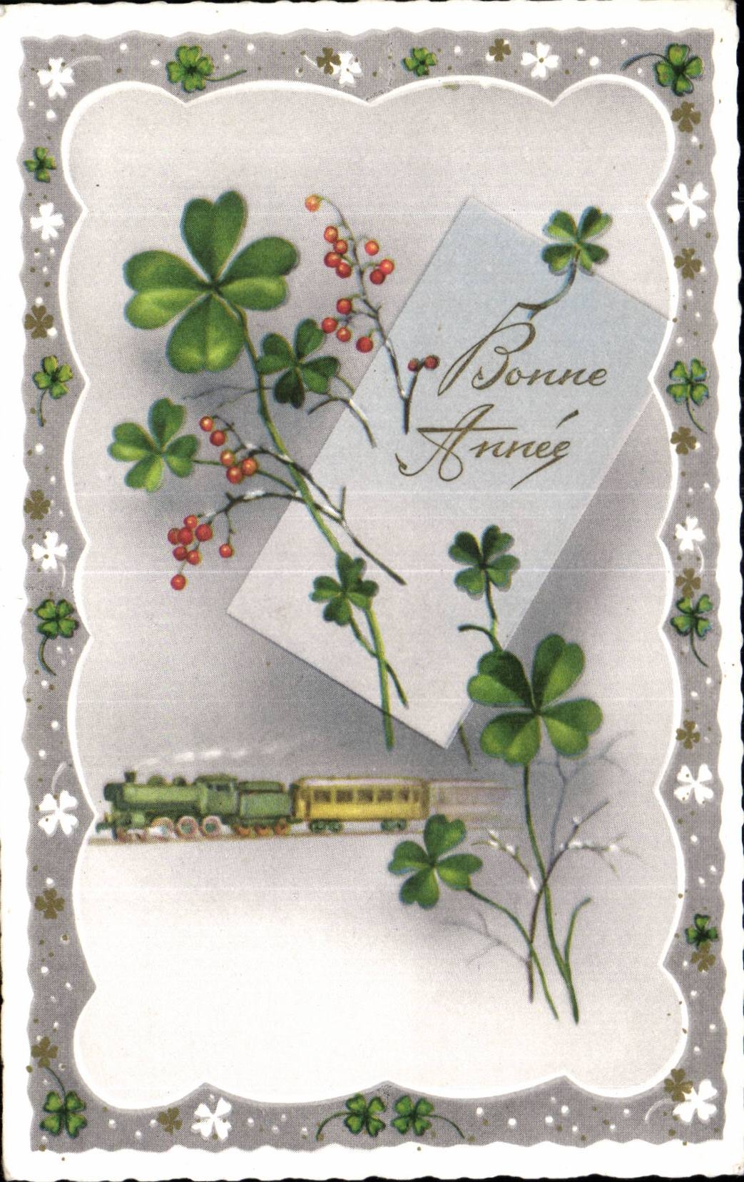 Fetes - Voeux - Bonne Annee - trefle - four leaf clover Train - houx - holly - CPA 