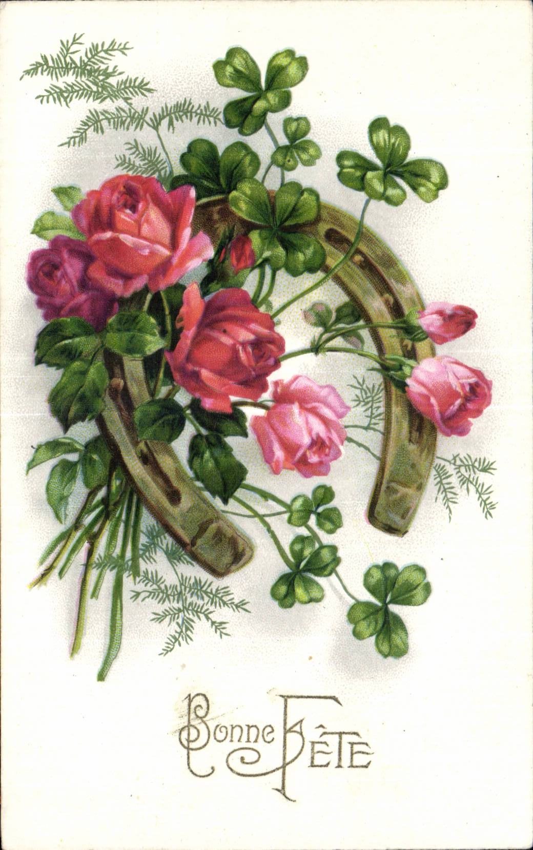 Fetes - Voeux - Bonne Fete - Rose - trefle - four leaf clover Fer a repasser - CPA 