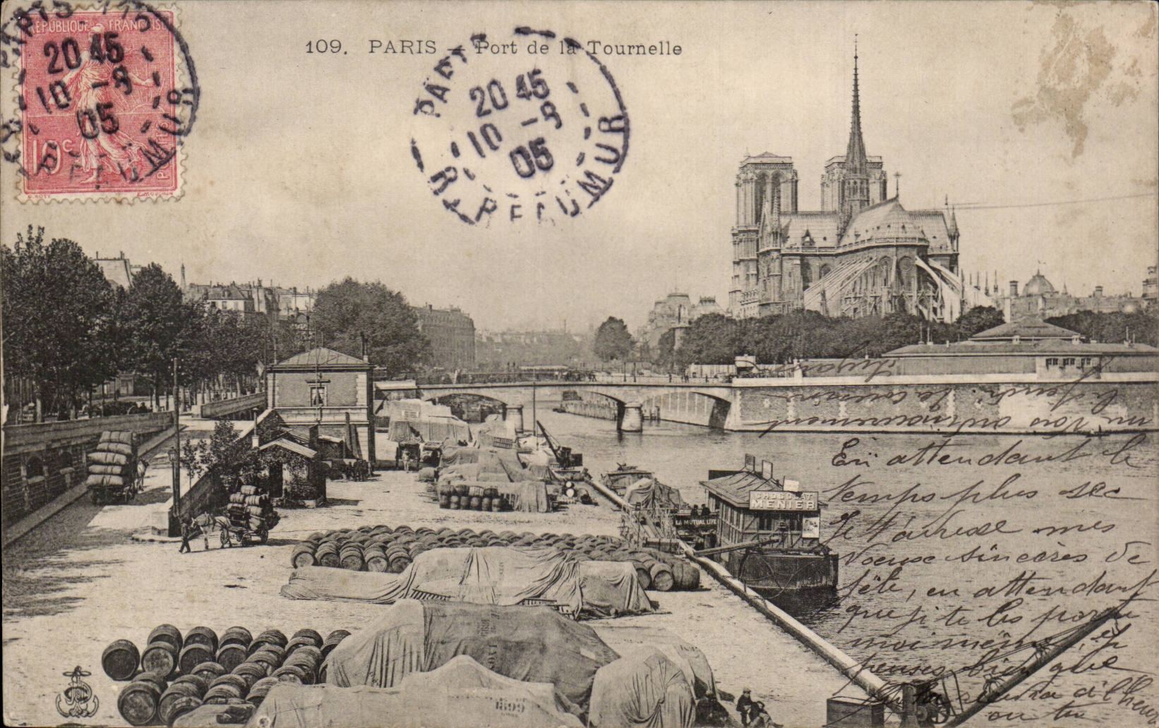 París - Puerto de la Tournelle — vista con la catedral de Notre-Dame — editor desconocido, n° 109