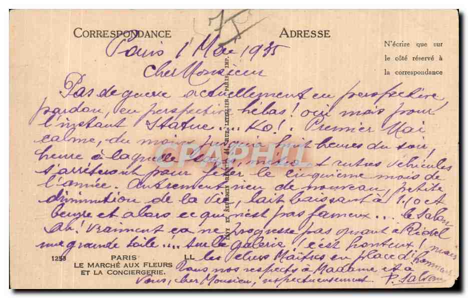 CPA Paris Conciergerie Le marche aux fleurs  — Verso