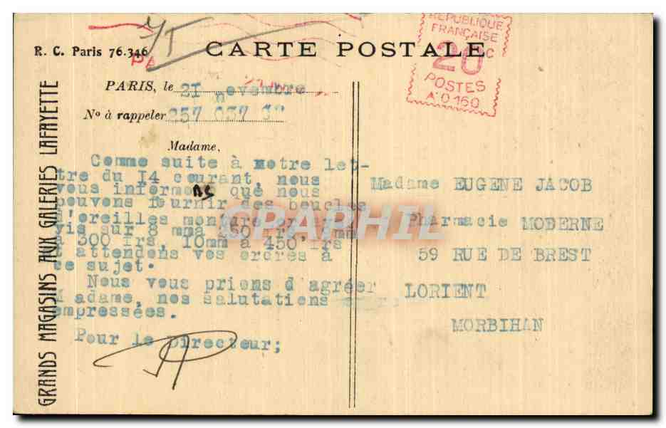 Paris - 5 - La Rue Scribe - CPA  — Rückseite