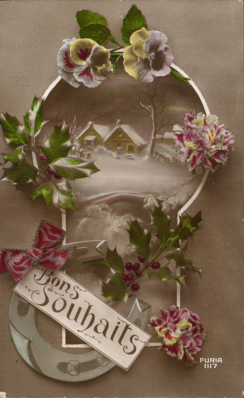 Fetes - Voeux - Bonne Souhaits - houx - holly - CPA 
