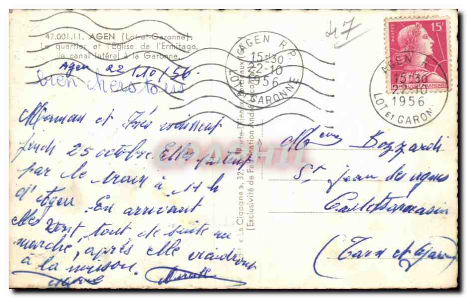 Agen (Lot-et-Garonne) — le canal latéral à la Garonne et l'église de l'Ermitage — CPA n° 47.001.11 — Rückseite