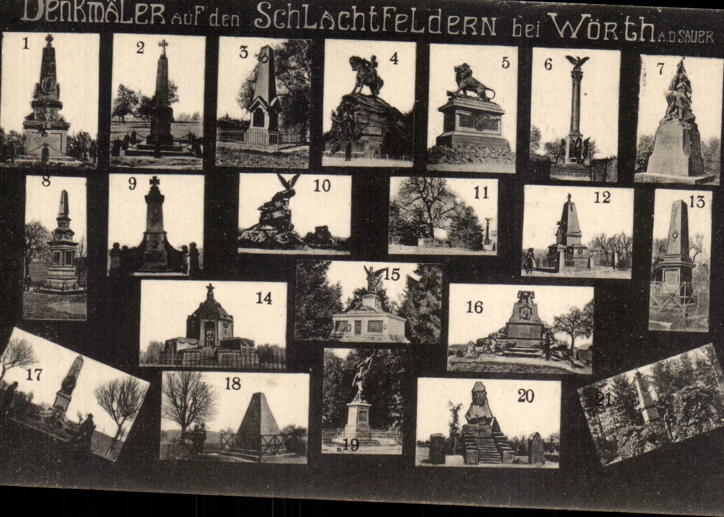 Denkmäler auf den Schlachtfeldern bei Wörth a.d.Saauer — 21 monuments numérotés — Verlag A. Levy, Wörth