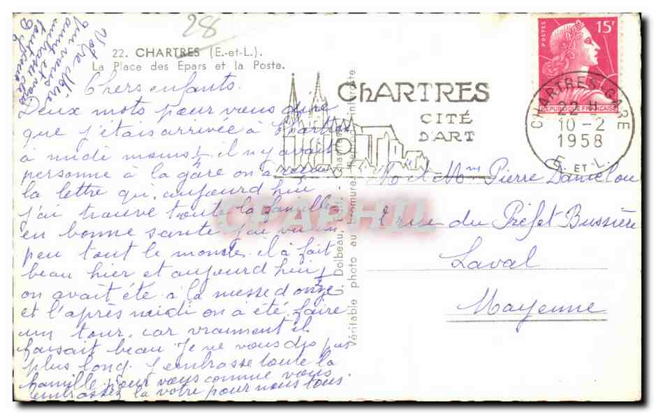 Chartres - La Place des Epars et la Poste - CPA — Verso