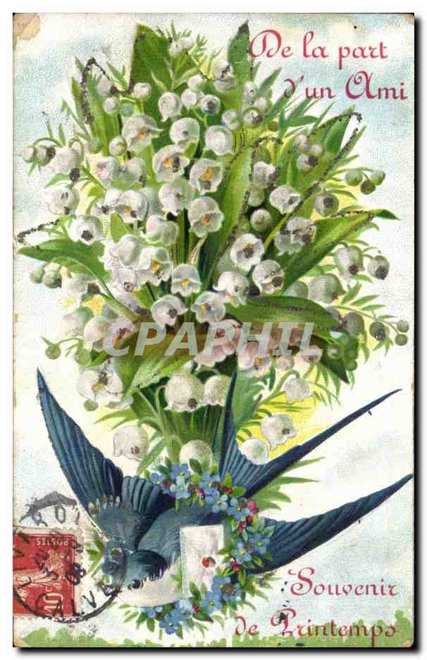 CPA Fantaisie Fleurs Muguet Souvenir de Printemps Hirondelle