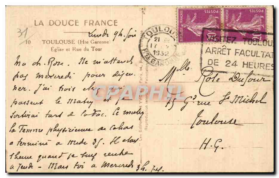 CPA Toulouse Eglise et rue du Tour — Verso