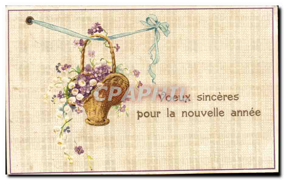 Bouquet de violettes et de muguet dans un panier — Vœux sincères pour la nouvelle année — Carte postale