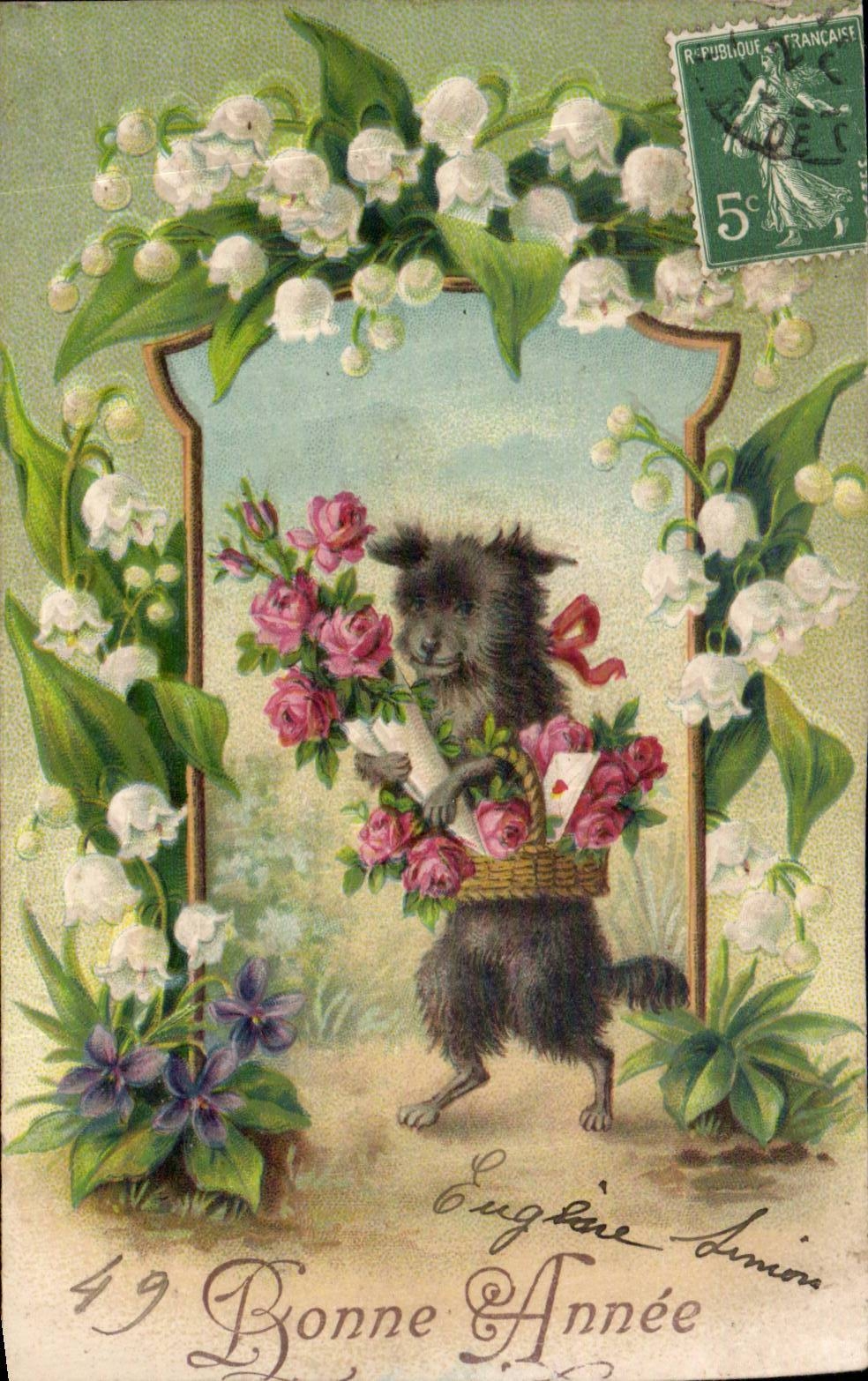 CPA Fantaisie Bone annee Muguet Chien Fleurs
