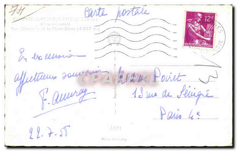 Chamonix - Le Mont Blanc - Vue Generale - CPA  — Verso