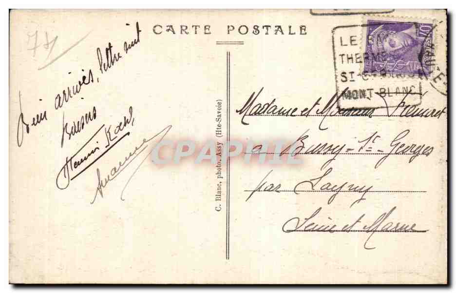 Chamonix - Nouvel Hotel du Col de Voza - Les Aiguilles et la Vallee - CPA  — Verso