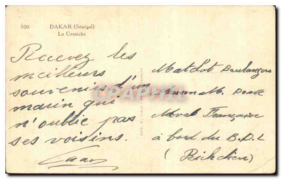 DAKAR (Senegal) — Die Corniche — Verlag N. VIALLE, Nr. 100 — Rückseite
