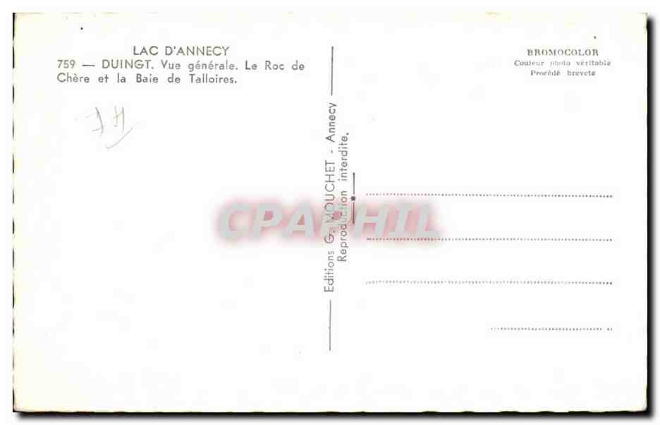 Annecy - Le Lac a Duingt - Vue Generale - Le Roc de Chere et la Baie de Talloires - CPA — Verso