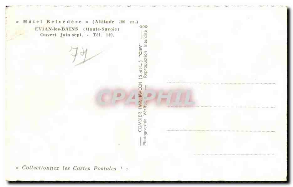 Evian les Bains - Hotel Belvedere - Tel 149 - CPA — Verso