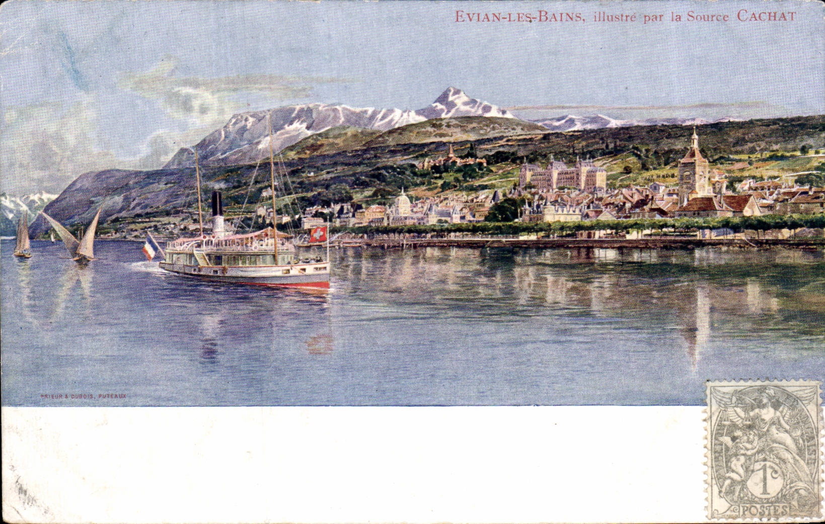 Évian-les-Bains — Aussicht auf den See mit Dampfschiff und schneebedeckten Bergen — Verlag DUBOIS, PUTEAUX, Seriennummer nicht sichtbar