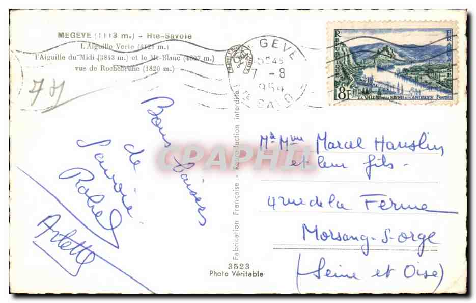 Mégeve (1113 m.) - Haute-Savoie — Vue de l'Aiguille du Midi (3813 m.) et du Mont-Blanc (4807 m.) — Fabrication Française, n° 3523 — Verso