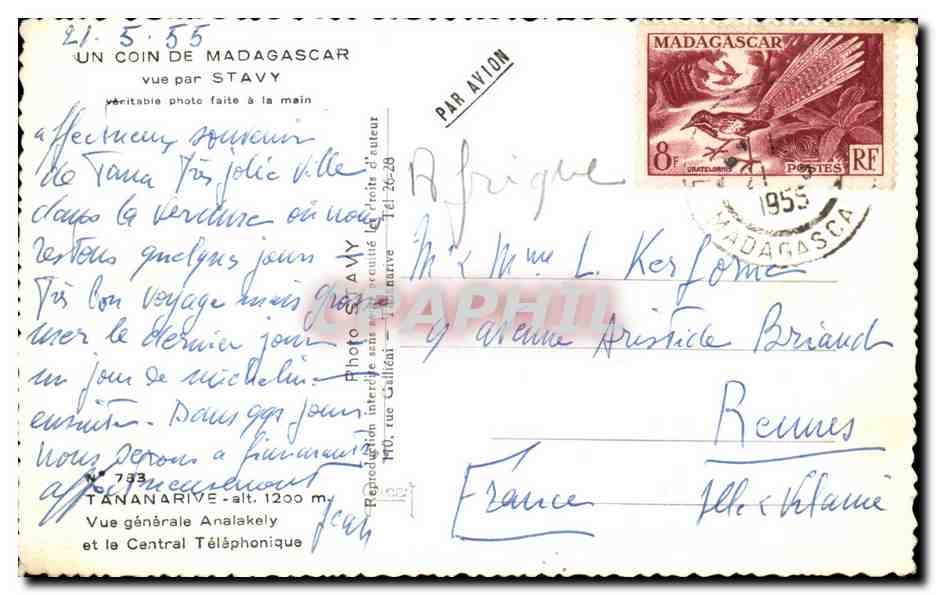 CPSM Madagascar Malagasy Tananarive Vue generale Analakely et le central telephonique — Rückseite
