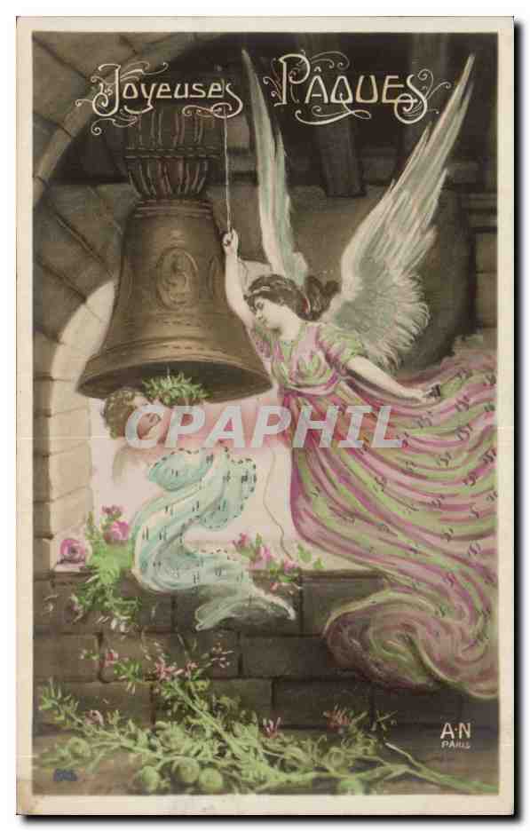 CPA Fantaisie Cloche Ange Angel Paques Easter