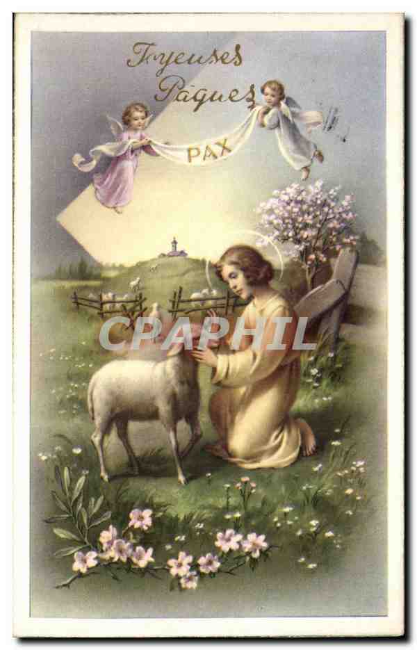 CPA Fantaisie Enfant Ange Angel Mouton sheep Joyeuses Paques Easter