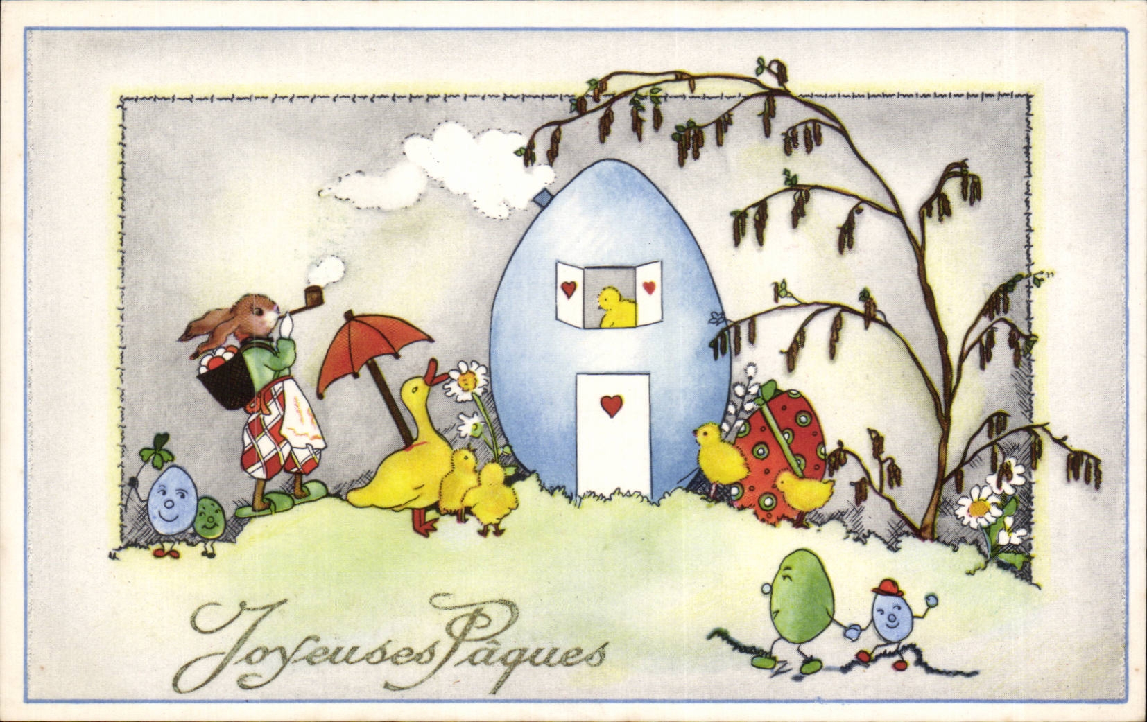 CPA Fantaisie Poussins Lapin Oeuf Paques Easter