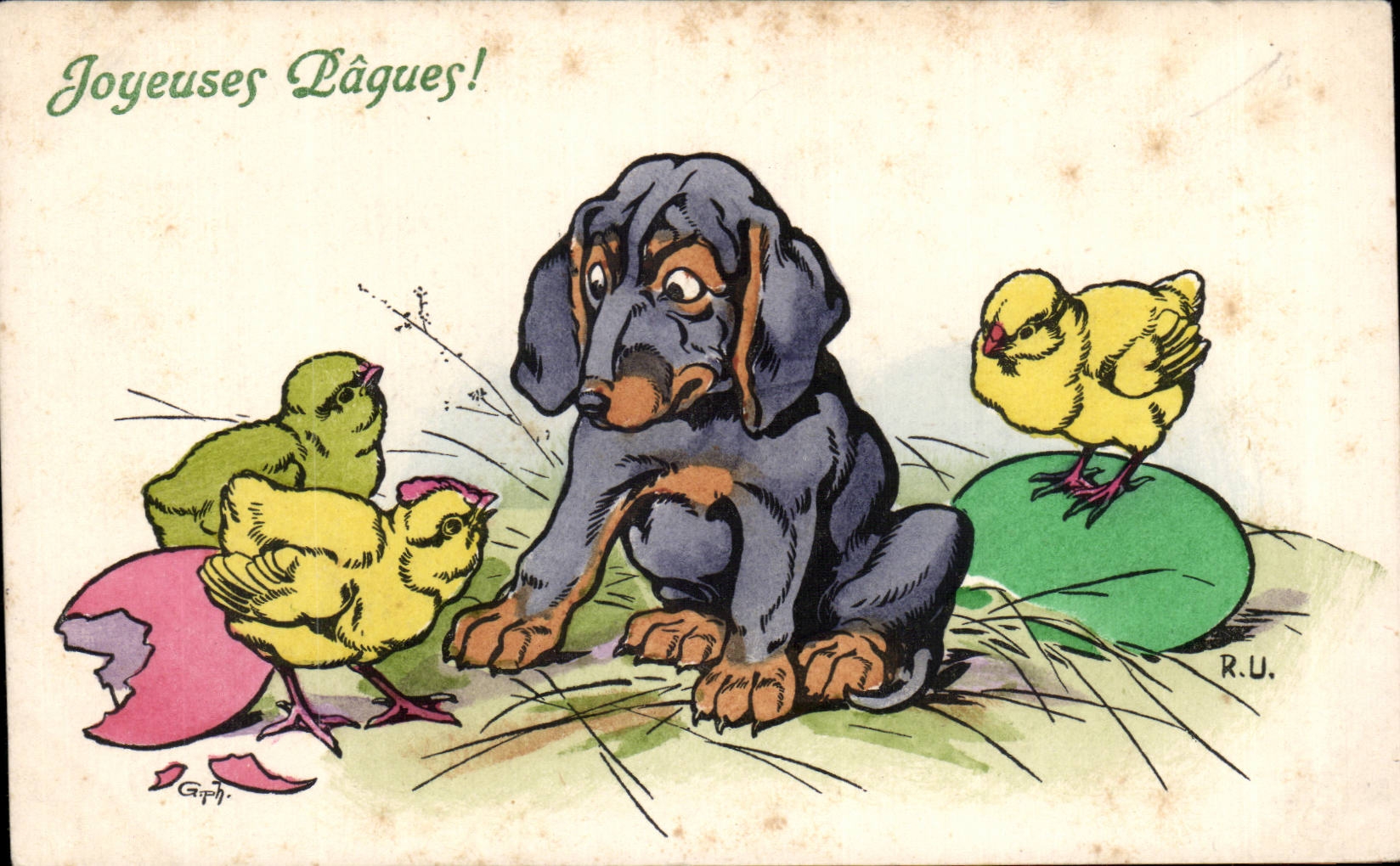 CPA Fantaisie Poussins chien Paques Easter