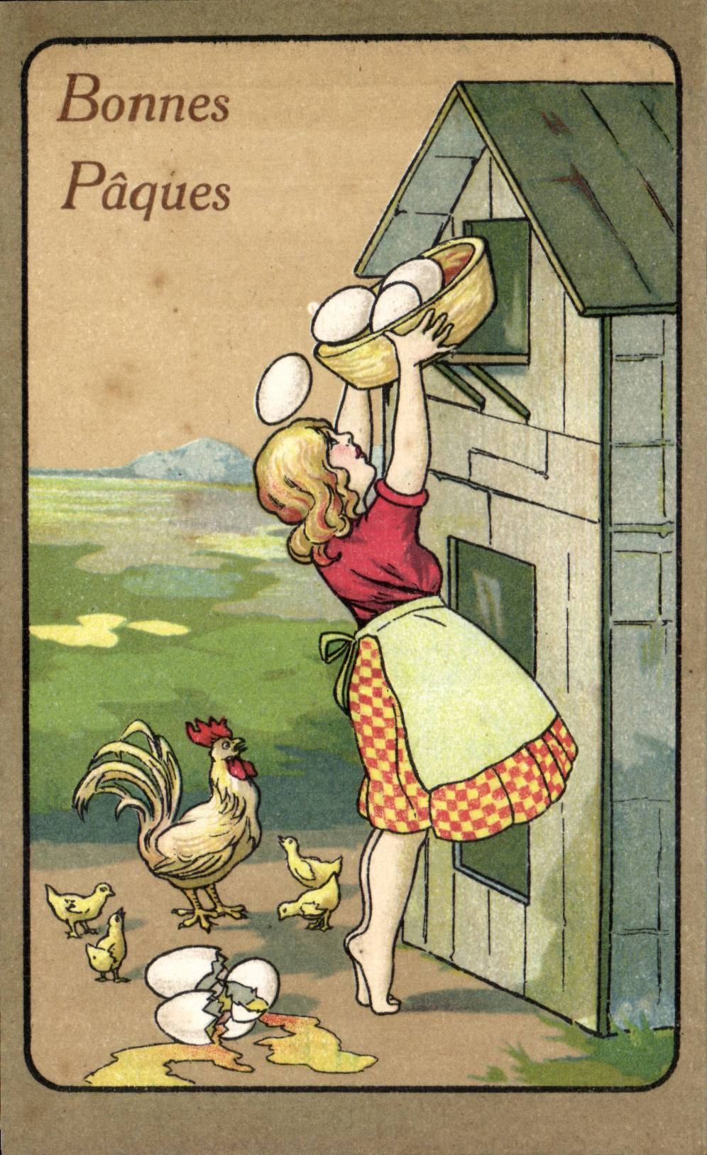 CPA Fantaisie Coq Chicken Enfants Ouefs Paques Easter