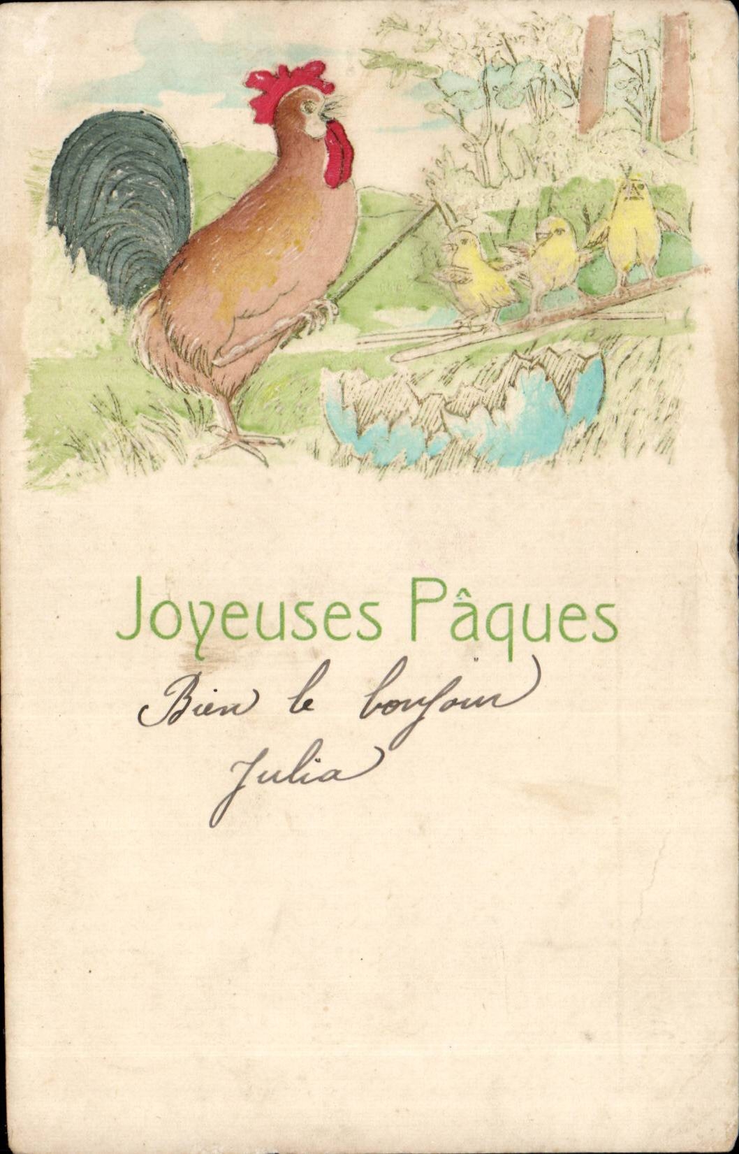 CPA Fantaisie Poussins Coq Oeufs Paques Easter