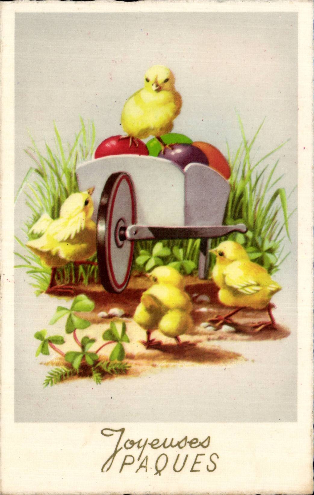Fetes - Voeux - Holiday - Paques - Easter - Ostern - chick and wheelbarrow of eggs - CPA 