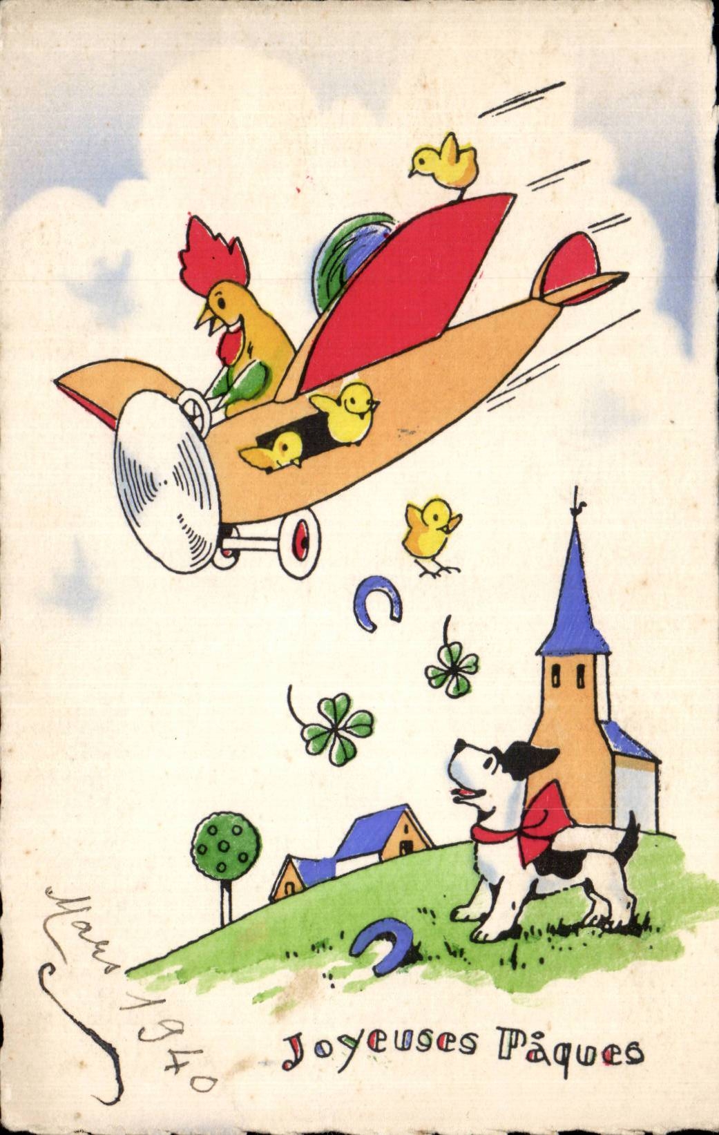 Fetes - Voeux - Holiday - Paques - Easter - Ostern - rooster pilot flying an easter plane Chien Dog - CPA 
