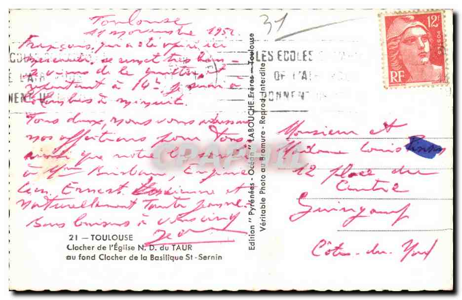 Toulouse - Clocher de l Eglise Notre Dame du Taur - CPA — Rückseite