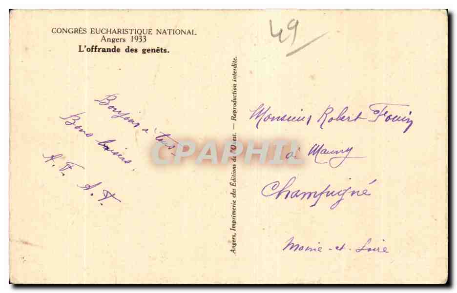 CPA Angers Congres eucharistique national 1933 L offrande des genets — Rückseite