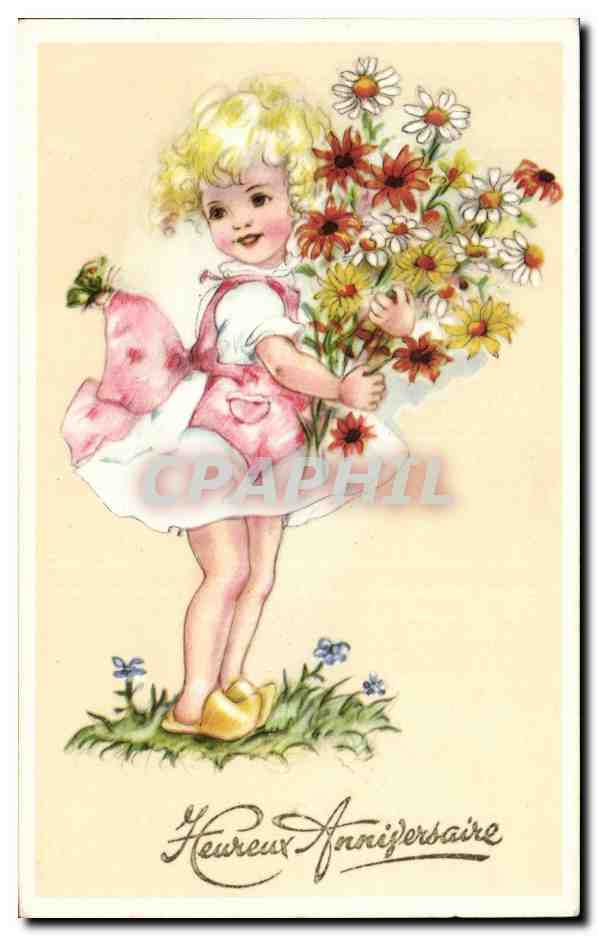 CPA Fantaisie Enfant Fleurs Heureux anniversaire