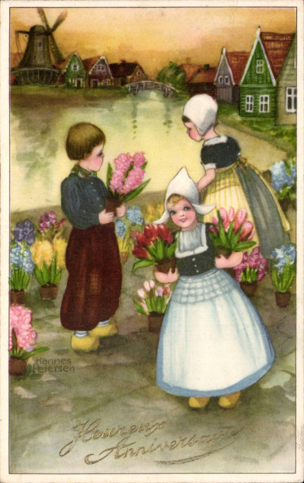CPA Fantaisie Enfant Fleurs Heureux anniversaire Moulin Windmill