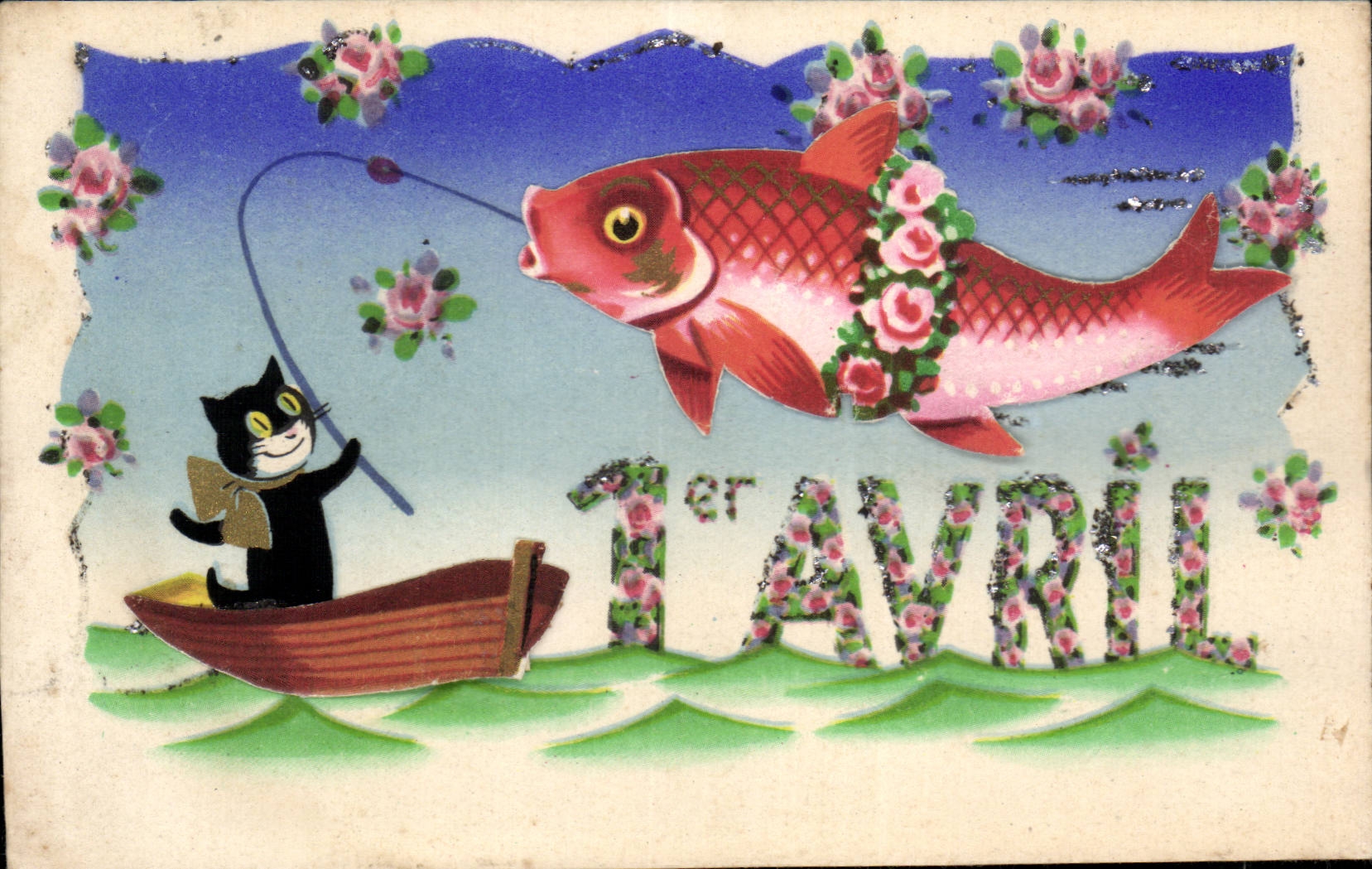 CPA Fantaisie Poissons Chat 1er avril Paques Easter