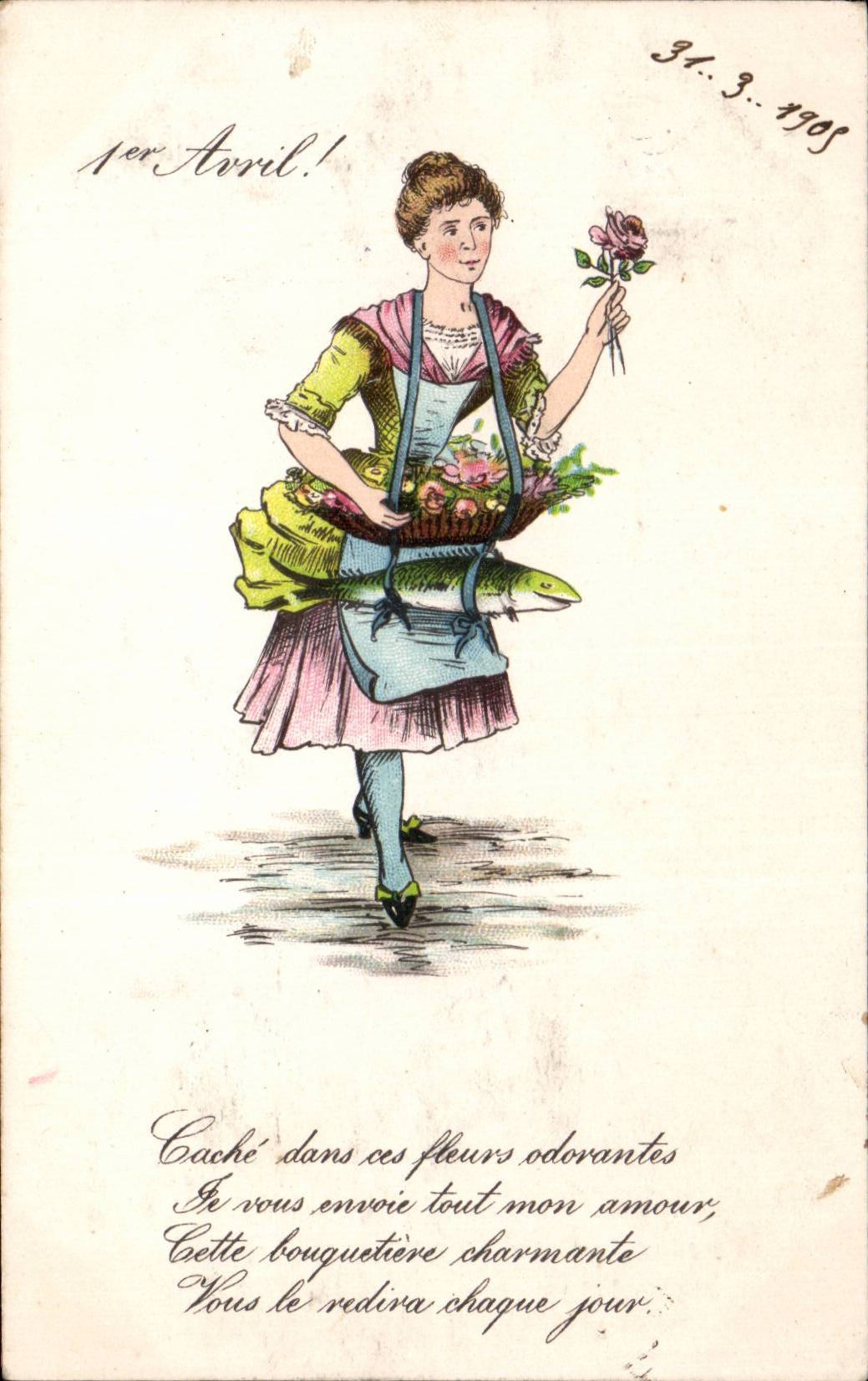 CPA Fantaisie Poisson Femme 1er avril Paques Easter
