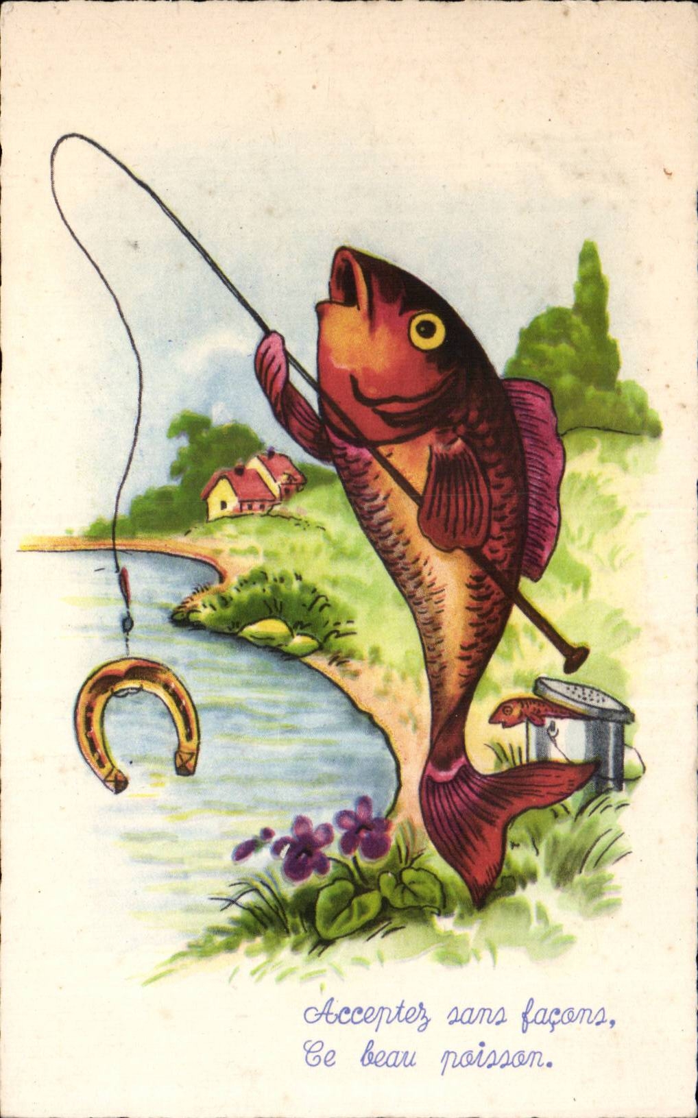 CPA Fantaisie Poisson Fer a cheval Peche Pecheur